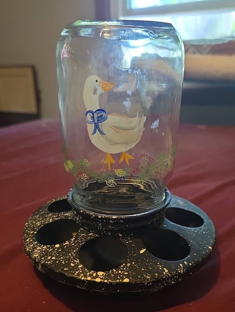 Hand-Painted Duck Glass Jar Chicken Feeder in Clear with Blue Ribbon